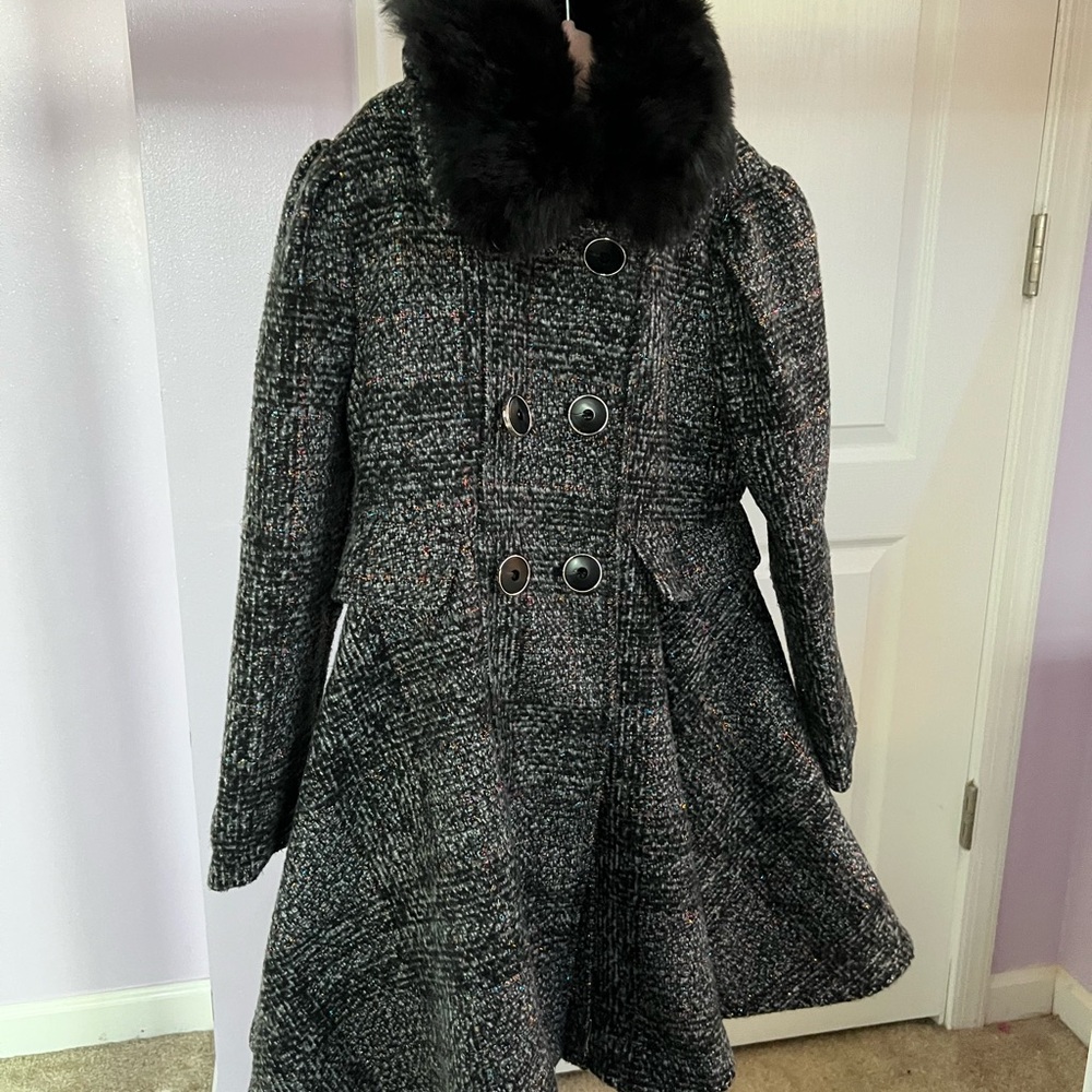 Rothschild Black Tweed Pea Coat with Faux Fur Collar